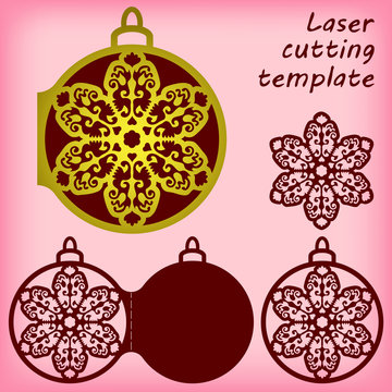 Set of laser cutting templates. Openwork snowflake, christmas tree bauble, card. For greeting cards, labels, tags, invitations. Card size 100x120 mm. Vector illustration.