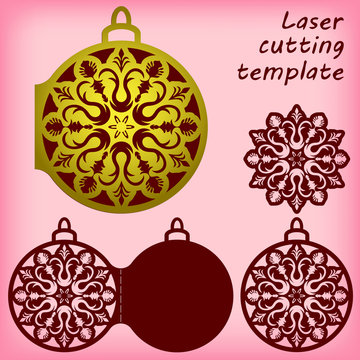 Set of laser cutting templates. Openwork snowflake, christmas tree bauble, card. For greeting cards, labels, tags, invitations. Card size 100x120 mm. Vector illustration.
