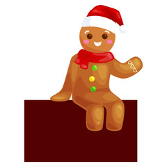 christmas cookies gingerbread man decorated with icing sitting on a plate in a Christmas hat and scarf, xmas sweet food vector illustration
