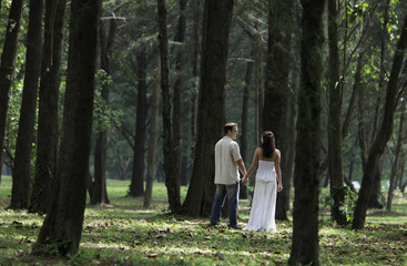 rear view of woman and man holding hands in forrest