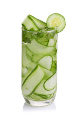 Detox cucumber and mint diet drink on white background.