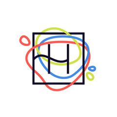 H letter logo in square frame at colorful line background.