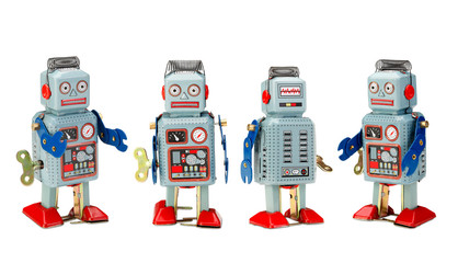 old classic tin robot toys isolated with clipping path