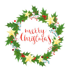 Merry Christmas wreath with holly berries and leaves,golden stars and lettering. handmade watercolor illustration. greeting card.