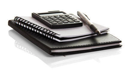 Notebook, blank pages for notes, calculator and pen isolated.