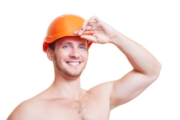 Attractive young man in a helmet, isolated on white background.