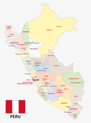 Peru administrative and political map with flag