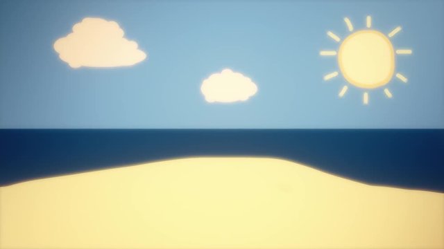 A cartoon of a sunny day at the beach. Moving clouds, hot sun rays. 4k, warm color grading.
