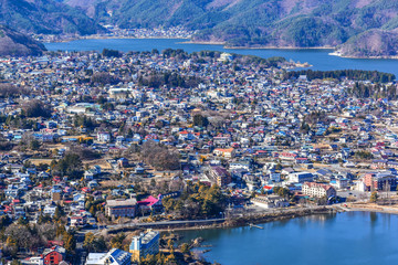 Yamanashi city with mountain background in Japan.