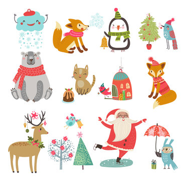 Vector set of cute characters. New year Christmas Winter Collection