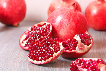 Close up sliced pomegranate on a table