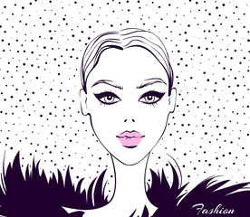 Vector fashion model. Beauty face. Beautiful sketch illustration in vogue style. Stylish young woman face. Trendy design. Fashionable girl. Cute lady. Female portrait. Glamour graphic. 