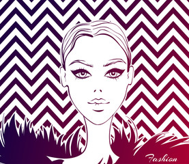 Vector fashion model. Beauty face. Beautiful sketch illustration in vogue style. Stylish young woman face. Trendy design. Fashionable girl. Cute lady. Female portrait. Glamour graphic. 