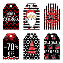Collection tag of Christmas sale. Set labels with Merry Christmas lettering, Santa Claus and other Happy New Year attributes. Cute gift tags, banner, label, sale card. Holiday stickers design.