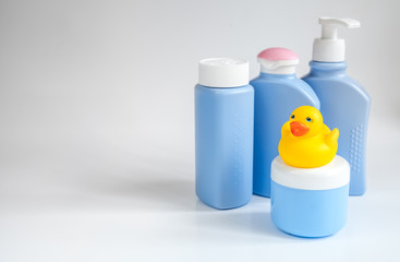 baby organic cosmetic for bath on white background