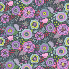 Vector seamless pattern with flowers, leaves, branches and berries
