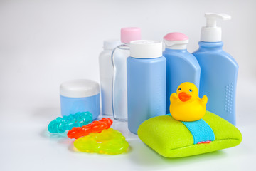 baby organic cosmetic for bath on white background