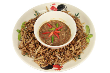 fried fish and Spicy Chili Paste (Nam Prik) thai cuisine isolated on white background