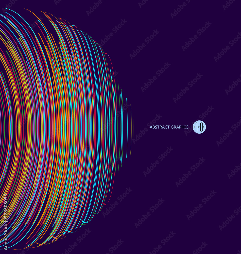 Poster three-dimensional sphere composed of multicolored curves, abstract graphics.