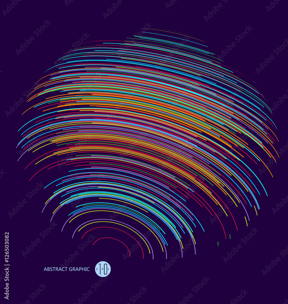 Poster three-dimensional sphere composed of multicolored curves, abstract graphics.