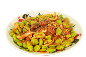 Fried spices sadine fish canned with bitter bean(Parkia speciosa) thai food