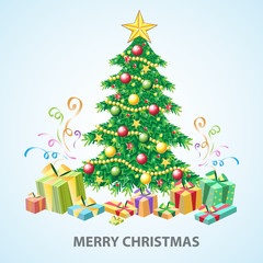 Christmas tree greeting card with gifts. Vector illustration