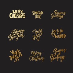 Set of Christmas and New Year design lettering. Handwritten XMAS wishes. Hand drawn signs for greeting card, invitation.