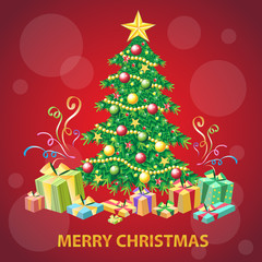 Christmas tree greeting card with gifts. Vector illustration