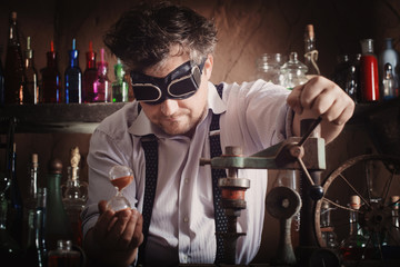 crazy medieval scientist working in his laboratory