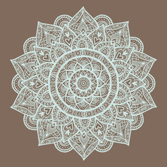 Outline Mandala on brown background. Decorative round ornament. Weave design element. Yoga logo, background for meditation poster. Unusual flower shape. Oriental vector.