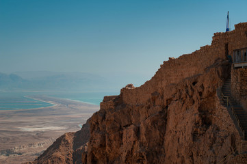 View on Judaean Desert from fortress Masada. The Dead sea on background.