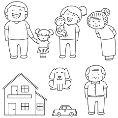 vector set of family, car and house