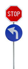 Left white and blue arrow red stop sign isolated