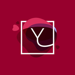 Y letter logo in square frame at watercolor background with hear