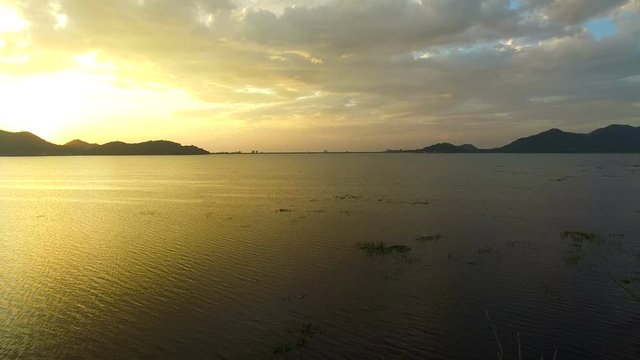 aerial view of sun set sky at bangpra reservoir chonburi eastern thailand