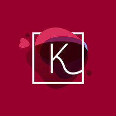 K letter logo in square frame at watercolor background with hear