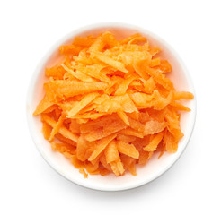 Bowl of grated carrot from above