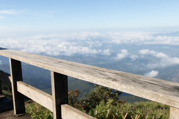 Fototapeta premium wood balcony with mountain view in morning