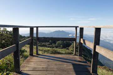 wood balcony with mountain view in morning