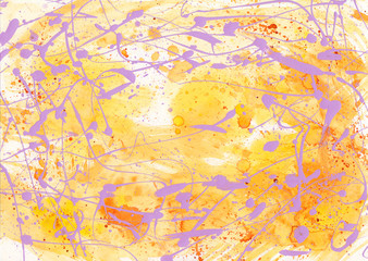Abstract watercolor background with drops in yellow and orange colors and light violet spatter.