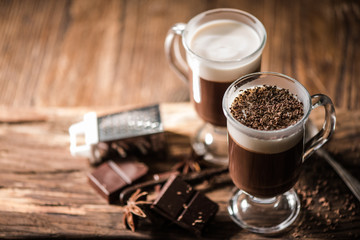 Irish coffee with grated dark chocolate