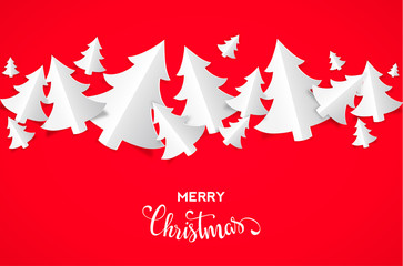 Greeting card with Christmas trees on red background - obrazy, fototapety, plakaty