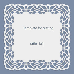 Greeting card with openwork border, paper doily under the cake, template for cutting, wedding invitation, decorative plate is laser cut, frame with lace edge, vector illustrations.