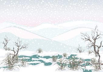 Vektor Illustration von Winter in den Bergen Neuschnee Moor mit altem Holz und Gras - 126509088