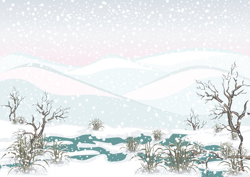 Vektor Illustration von Winter in den Bergen Neuschnee Moor mit altem Holz und Gras
