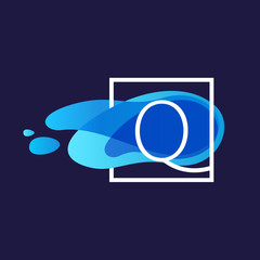 Q letter logo in square frame at watercolor blue flow background