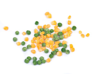 Frozen organic peas and corn isolated on white background