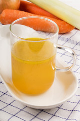 home made chicken broth in a glass good against flue during the