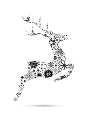 Ein springendes Rentier,
dekoriert mit Sterne, Eiskristalle und Schneeflocken.
