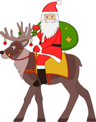 Santa Claus with a bag of gifts riding a reindeer